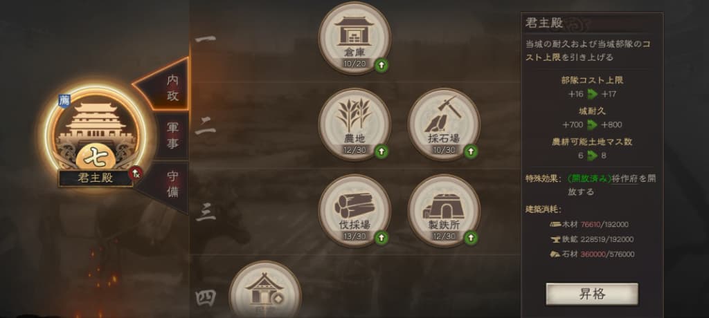 三國志 真戦の君主殿と内政施設の条件画面